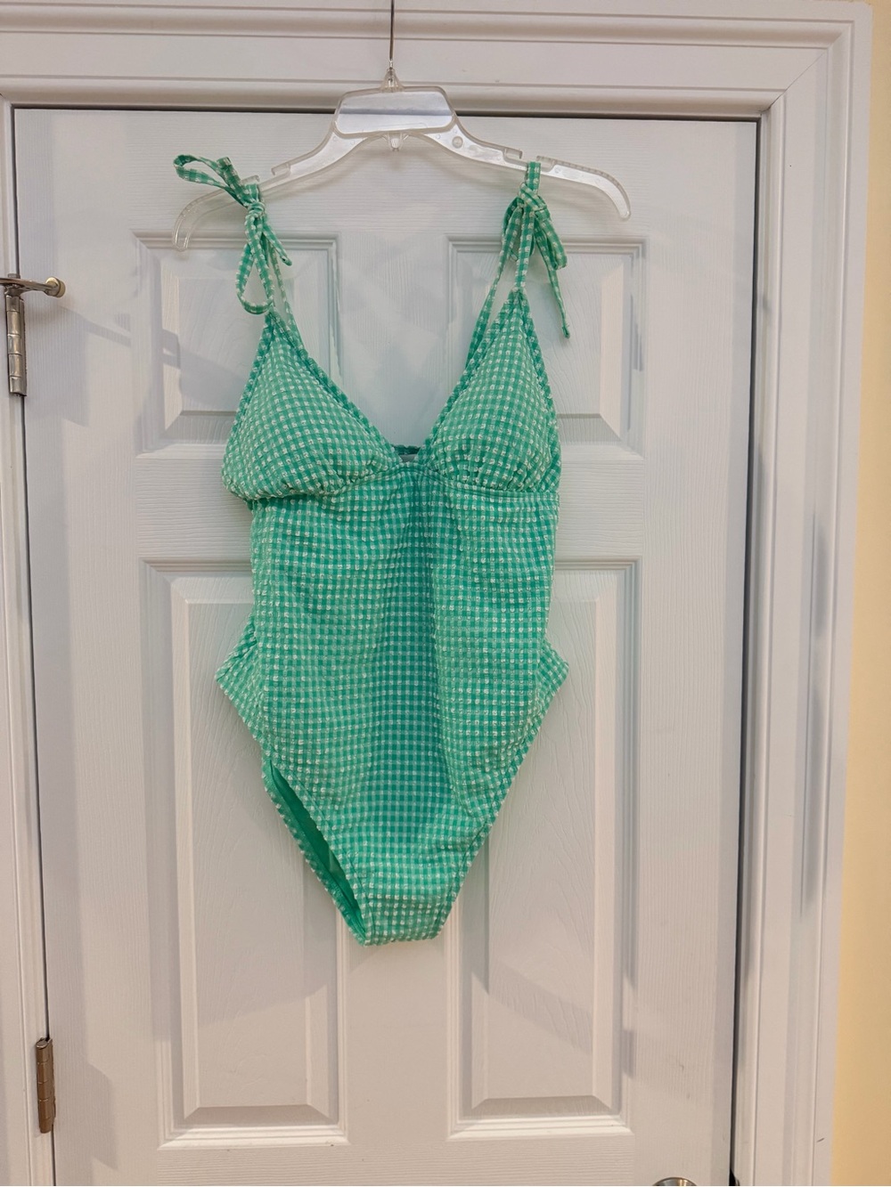 Ladies Size Large "Time & Tru Mint Green Gingham Tie-Shoulder One-Piece Swimsuit